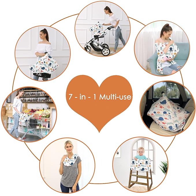 Carseat Cover Boy and Girls - Multi-use Nursing Car Seat Canopy Cover for Breastfeeding, Infant Stroller Cover, High Chair Cover (Cute Fish)-CubbioJoy