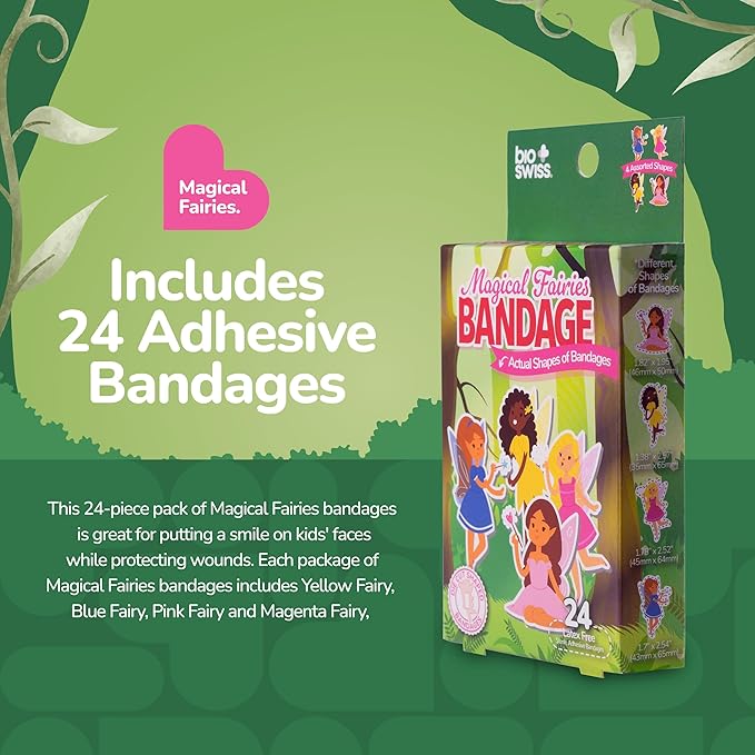 BioSwiss Bandages, Magical Fairies Shaped Self Adhesive Bandage, Latex Free Sterile Wound Care, Fun First Aid Kit Supplies for Kids and Adults, 24 Count-CubbioJoy