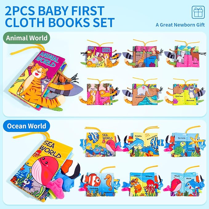 Baby Books 0-6 Months, 2PCS Crinkle Books for Babies, Touch and Feel Sensory Cloth Book 6-12 Months, Tummy Time Toys, Baby Toys for Newborn 6 Page Pink-CubbioJoy