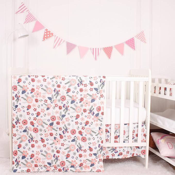 CaSaJa Baby 3-Piece Crib Bedding Set for Boys Girls, Including Soft Quilted Comforter(Blanket), Fitted Crib Sheet and Skirt, Soft Nursery Bedding Set Made of Silky Comfy Materials, Petals Flying-CubbioJoy