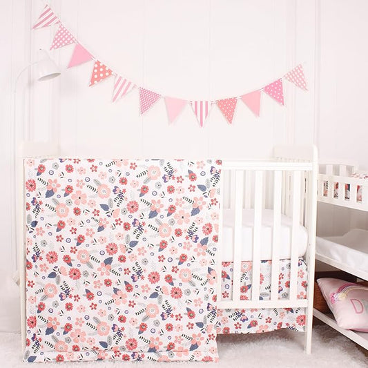 CaSaJa Baby 3-Piece Crib Bedding Set for Boys Girls, Including Soft Quilted Comforter(Blanket), Fitted Crib Sheet and Skirt, Soft Nursery Bedding Set Made of Silky Comfy Materials, Petals Flying-CubbioJoy