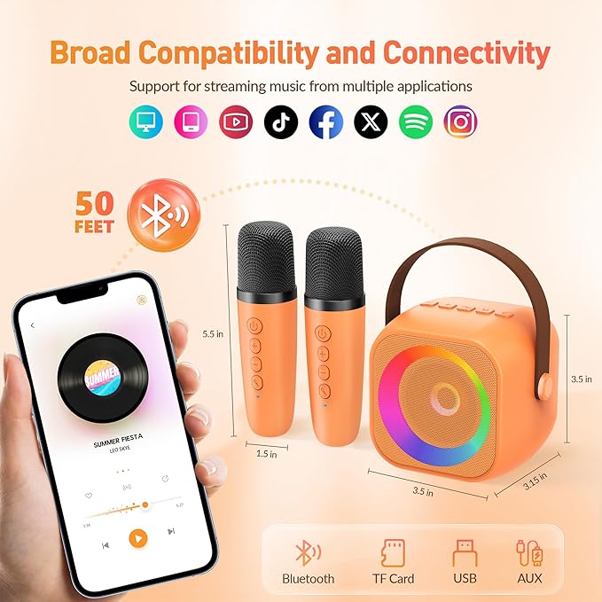 Karaoke Machine for Kids Adults: Mini Portable Karaoke Machine with 2 Wireless Microphones and Lights, Christmas Birthday Gifts for Girls Boys Family Home Party(Orange)-CubbioJoy