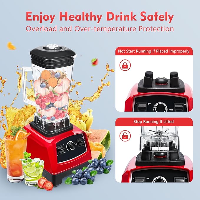Blender 2L Automatic Smoothie Mixer Baby Food Blender 68oz Fruit Vegetables Juicer 2200W High-Speed Blender Tabletop Soundproof Milkshake Maker (Red)-CubbioJoy