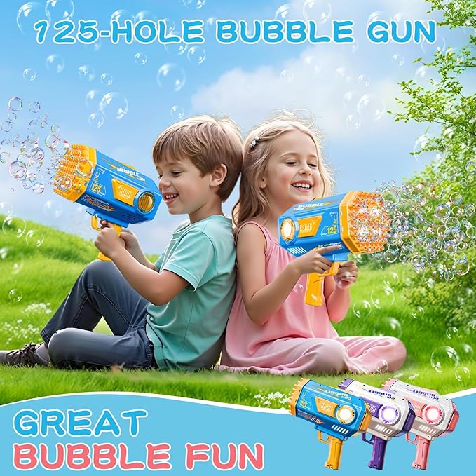 BOMOCO Bubble Gun,125 Holes Bubble Machine Bubbles for Kids Age 3-12,Bubble Blaster Gun with Bubble Solution Summer Outdoor Bubble Toys Birthday Wedding Halloween Party Favors Gifts Bubble Maker,Blue-CubbioJoy