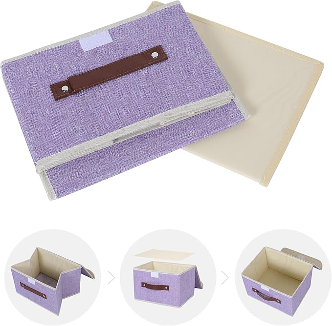 ANMINY Storage Bin with Lid Storage Boxes with PU Leather Handles PP Plastic Board Decorative Foldable Lidded Cotton Linen Fabric Home Cubes Baskets Closet Organizer Container - Purple, Small Size-CubbioJoy