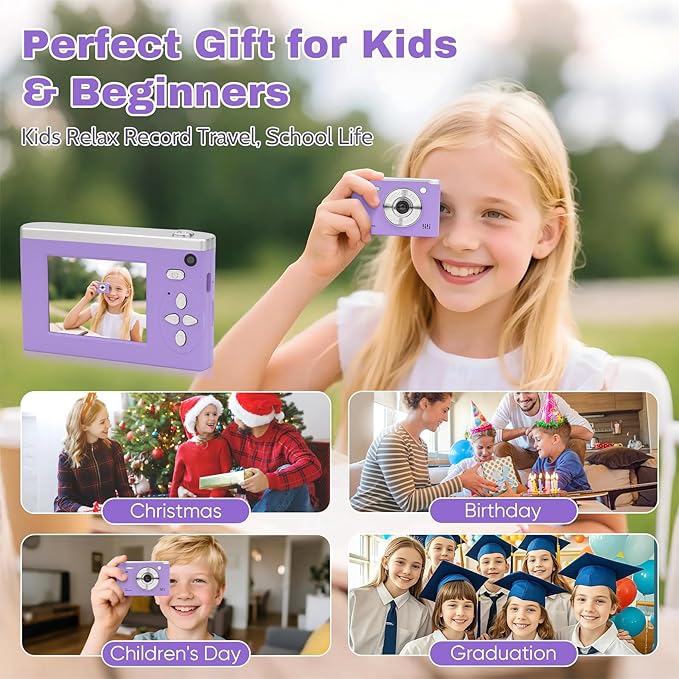 Digital Camera FHD 1080P Video & 8X Digital Zoom - Compact Point and Shoot Digital Camera with 2.4" Screen, 800mAh Rechargeable Battery Portable Small Camera for Kids Teens Girls Boys(Purple)-CubbioJoy