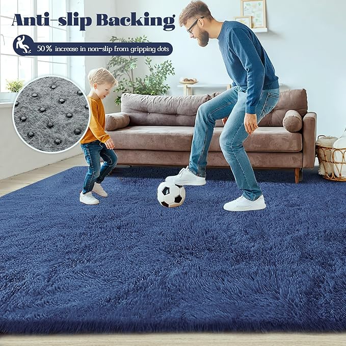 2x6 Runner Rug for Bedroom: Fluffy Shag Soft Washable Rugs Small Fuzzy Plush Indoor Carpet for Hallway Bedside Dorm Kids Girls Boys Room (Navy Blue, 2'x6')-CubbioJoy