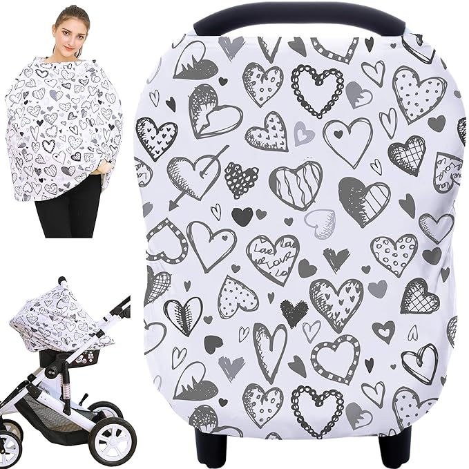 Baby Car Seat Covers, Carseat Canopy, Boys Girls Privacy Breastfeeding Cover (Grey Heart)-CubbioJoy