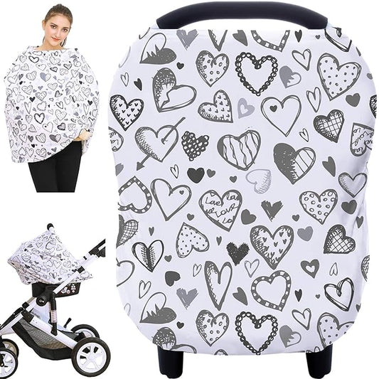 Baby Car Seat Covers, Carseat Canopy, Boys Girls Privacy Breastfeeding Cover (Grey Heart)-CubbioJoy