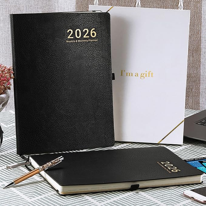2026 Planner - JAN 2026 - DEC 2026, Planner Weekly and Monthly, Calendar Planner, 8.5" x 11", Leather Cover Planner with Thick Paper, Back Pocket with Notes Pages, Black-CubbioJoy