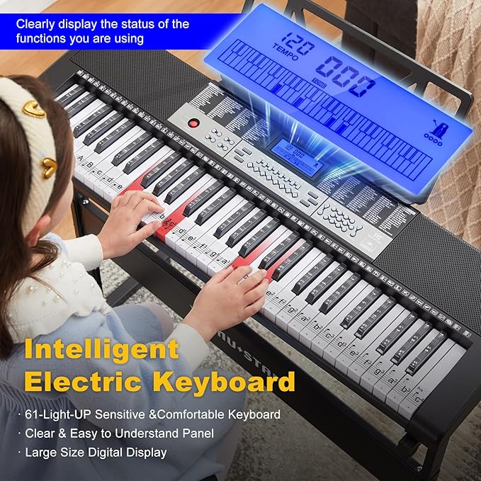 61 Key Piano Keyboard, Electric Keyboard Piano with Light-Up Keys, 255 Tones/Rhythms, Smart Learning System, Headphone, Microphone, Keyboard Stand, Stool, Stickers, Piano Keyboard Set for Beginners-CubbioJoy