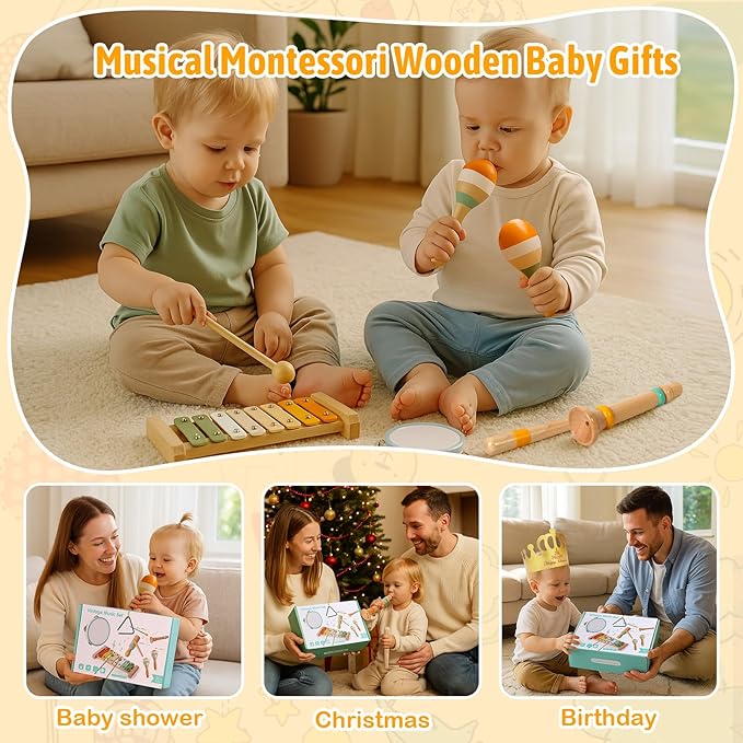 Baby Musical Instruments - Wooden Montessori Toys for Toddlers 1-3, Baby Musical Toys Percussion Instruments Set with Xylophone Tambourine, Neutral Preschool Educational Baby Toys for Boy Girls Gifts-CubbioJoy