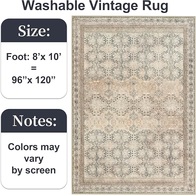 5x7 Washable Area Rug for Living Room Rustic, Non Slip Vintage Floral Bedroom Rugs Retro, Traditional Indoor Floor Carpet for Dining Room, Kitchen, Farmhouse, Office Beige/Pink/Orange-CubbioJoy