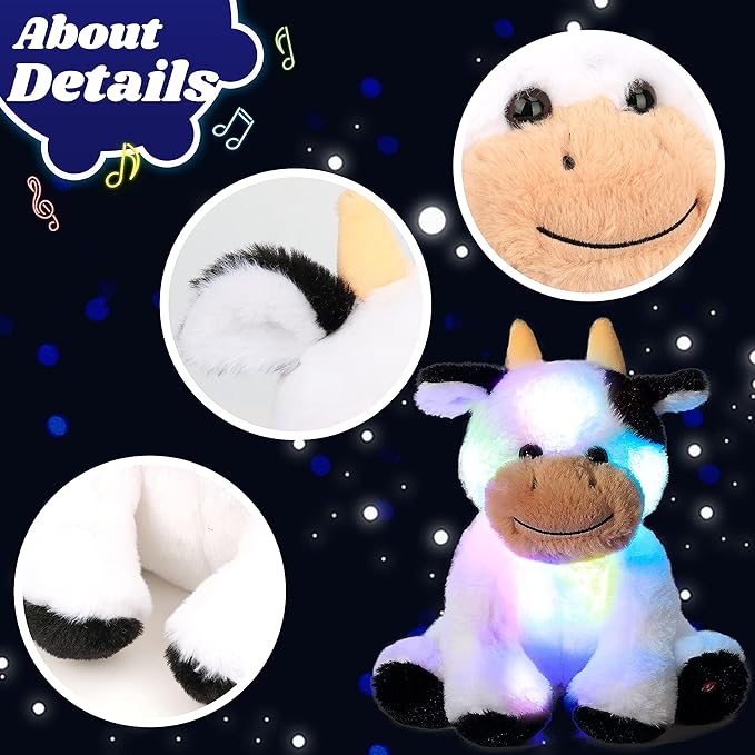 Cuteoy Glowing LED Cow Light-up Nightlight Toys Musical Plush Stuffed Animal Soft Singing Lullabies Birthday Christmas Plushies Gifts for Kids Boys Girls,10"-CubbioJoy