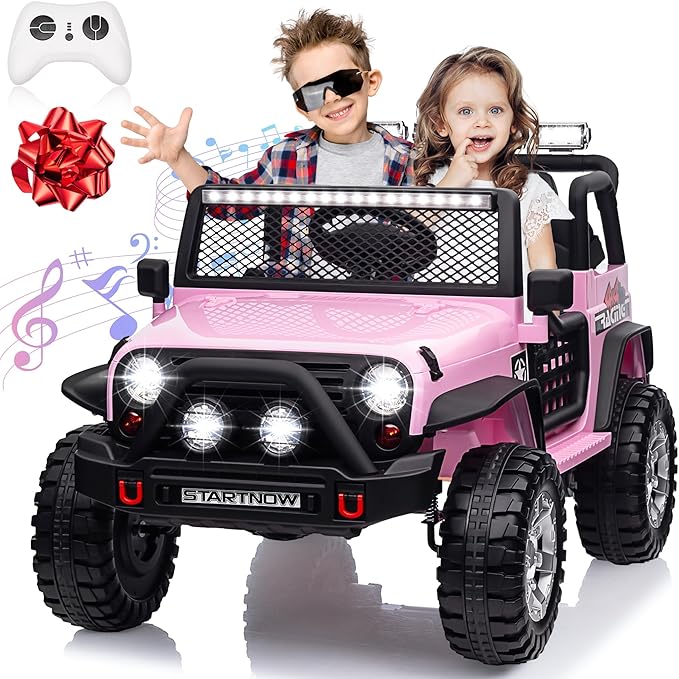 24V 4WD Ride on Truck Car w/800W Motors, Gift Flower, Remote Control, 2 Seaters, Light Bar, 3 Speeds, Pop Music, Power Four Wheels, 25 Volt Ride on Toy Car for Big Kids, Pink-CubbioJoy