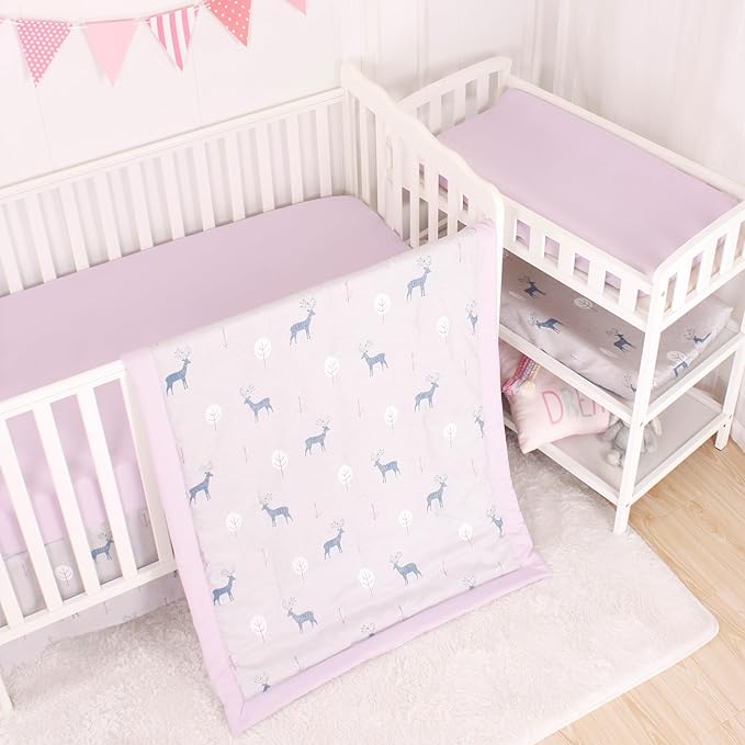 CaSaJa 4-Piece Crib Bedding Set for Boys and Girls, Nursery Baby Bedding Set Including Quilted Comforter with Fitted Crib Sheet and Changing Pad Covers, Reversible Quilt Design, Reindeer Forest-CubbioJoy