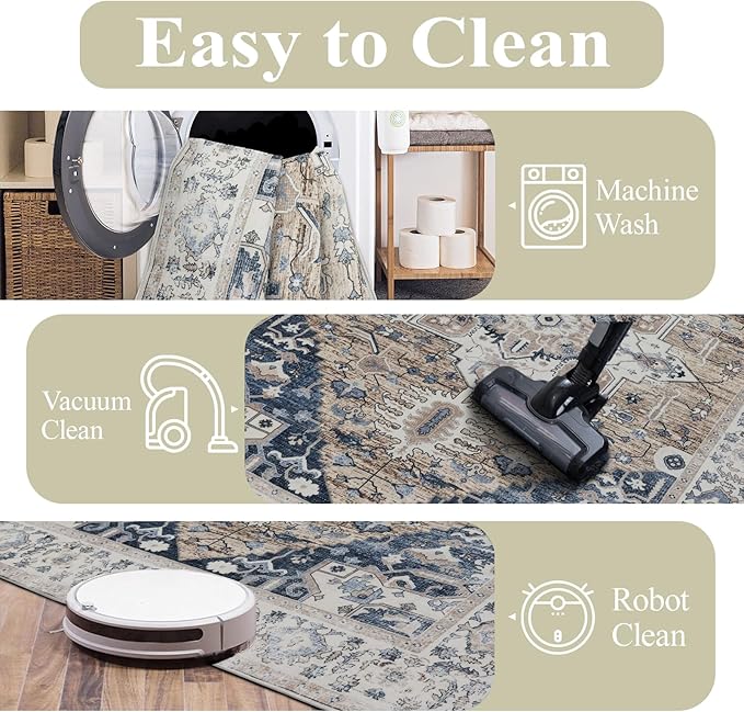 4x6 Washable Area Rug for Living Room, Carpet for Bedroom, Soft Faux Wool Retro Dining Room Rug, Non Slip&Non-Shedding Resistant Low Pile Vintage Print Rug for Home Office (Taupe/Blue)-CubbioJoy