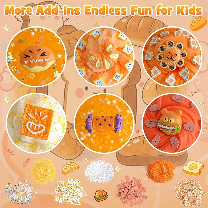 6 Packs Gradient Orange Slime Kit - Cloud Slime, Butter Slime & Clear Slime, Crunchy Slime for Kids with Various Slime Add-ins, Non Stick Slime Party Favors for Girls and Boys, 360ml Kids Slime(Bread)-CubbioJoy