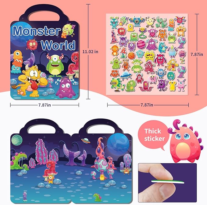 6Set Reusable Sticker Books for Kids 1-3 2-4 Years Old, 3D Puffy Stickers Books for Toddlers,Monster+Insects+Forest+Desert+Polar+Amusement Park-CubbioJoy