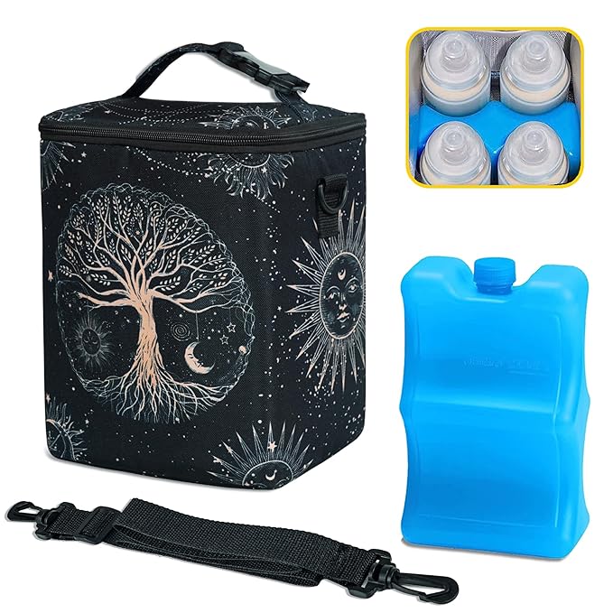 Breastmilk Cooler Bag with Ice Pack Fits 4 Baby Bottles Up to 9 Ounce Insulated Baby Bottle Bag Breast Milk Cooler on The Go with Strap Baby Bottle Cooler Bag for Nursing Mom Daycare or Travel-CubbioJoy