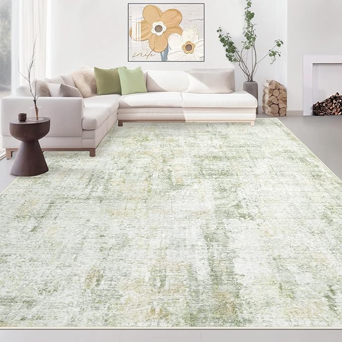 Area Rugs 9x12 Living Room: Washable Rug Modern Abstract Large Rugs Soft Non Slip Neutral Rug Stain Resistant Indoor Carpet for Bedroom Kitchen Dining Room Home Office Rugs(Green Brown,9'x12')-CubbioJoy