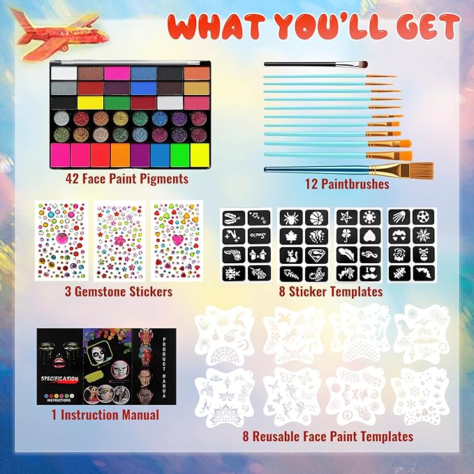42 Color Face Paint Kit for Kids – Non-toxic Water-Based Makeup Palette with Stencils, Brushes & Gems – Face Painting Kit for Kids Ideal for Halloween, Parties, Festivals, Body Art & More-CubbioJoy
