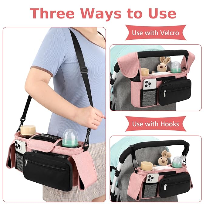 Accmor Universal Stroller Organizer with Insulated Cup Holder Detachable Phone Bag and Shoulder Strap,Stroller Bag Caddy Organizer Fits for Uppababy, Baby Jogger, Britax Strollers-CubbioJoy