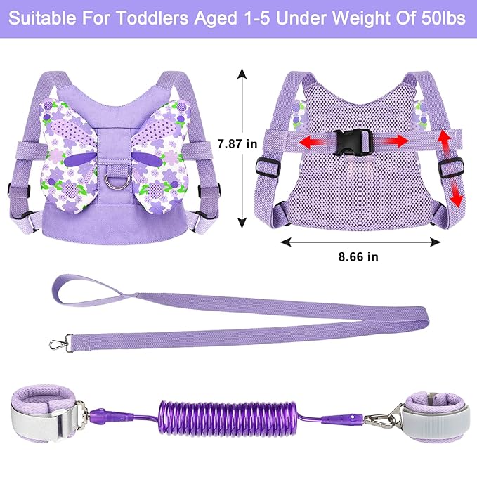 Accmor Toddler Harness Leash + Anti Lost Wrist Link, Kids Butterfly Harnesses With Children Leashes, Cute Baby Leash Walking Assistant Wristband Strap Tether for Girls Outdoor (Purple)-CubbioJoy
