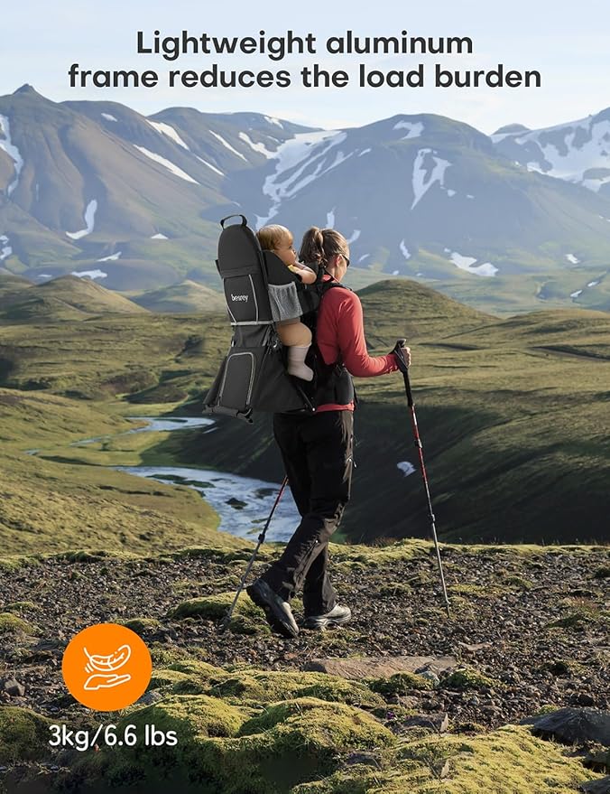 besrey Baby Backpack Carrier, Toddler Hiking Backpack with Safety 3-Height Seat, Adjustable Straps&Waist Belt, Foldable Frame Lightweight Large Capacity Child Carrier for Hiking (Black/Grey)-CubbioJoy