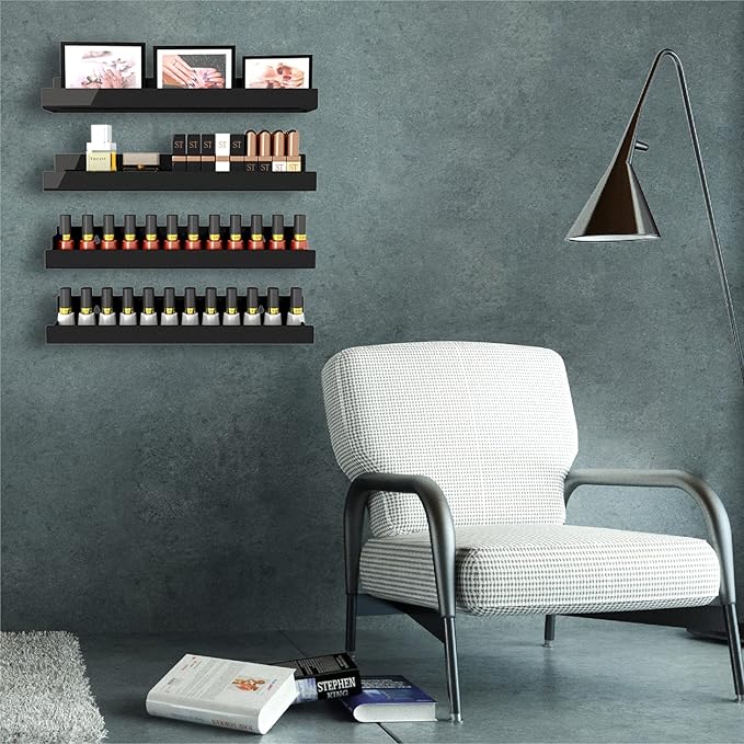 4 Pack 15 Inch Black Acrylic Shelves, Black Kids Floating Bookshelf for Kids Room, Modern Nail Polish Rack Sunglasses Essential Oil Picture Ledge Display Toy Storage Wall Shelf-CubbioJoy