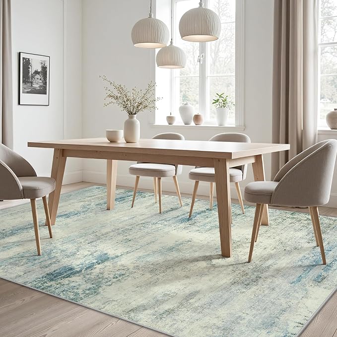 Area Rug 9x12 Washable Rugs: Abstract Large Living Room Rugs with Non-Slip Backing, Thin Carpet for Dining Room Table Bedroom Nursery Indoor Home Office-Blue/Gray-CubbioJoy