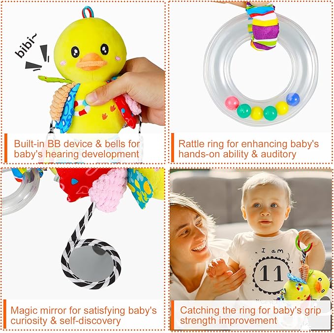 Baby Stroller Car Seat Toys for Infant with Teether Hanging Rattle, Clip on Stroller, Soft Plush Baby Toys for Boys and Girls 3-12 Months-CubbioJoy