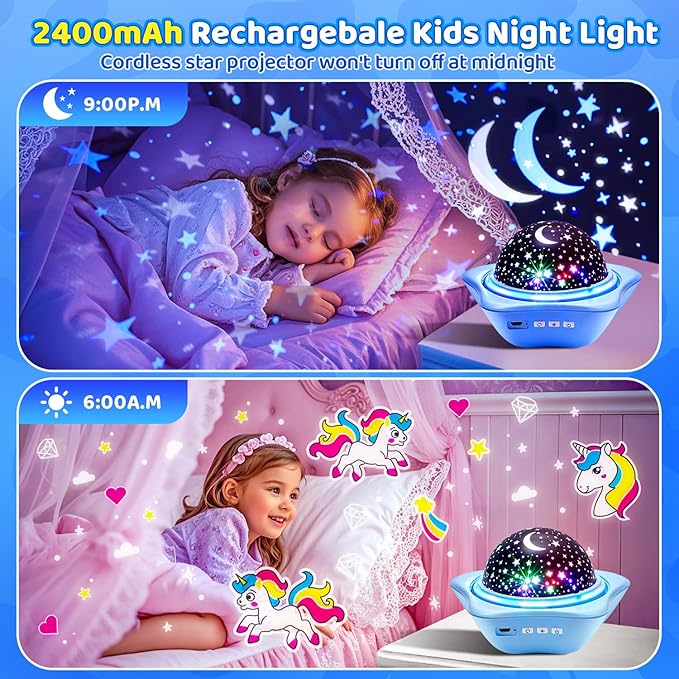 COOLNIGHT Star Lights for Bedroom, 72 Lighting Modes Star Projector Lights for Kids Room, 2400mAh Rechargeable Night Light Kids, Remote 360° Silent Sensory Light Projector for Boys Gifts-CubbioJoy