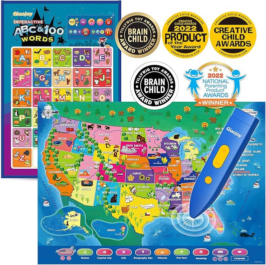 Bilingual Interactive for Kids Talking USA Map Alphabet Poster for Toddlers Learning and Educational Toys,Talking Educational Chart for Ages 3 to 12 Years Old,Learning ABC Letters for Preschool/Gift-CubbioJoy