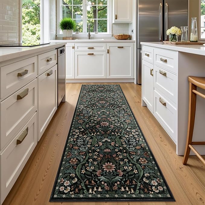 2x6 Washable Runner Rug,Black Floral Boho Area Rug for Hallway,Low-Pile Non-Slip Stain Resistant Carpet for Kitchen, Bedside,Laundry Room,Entryway-CubbioJoy
