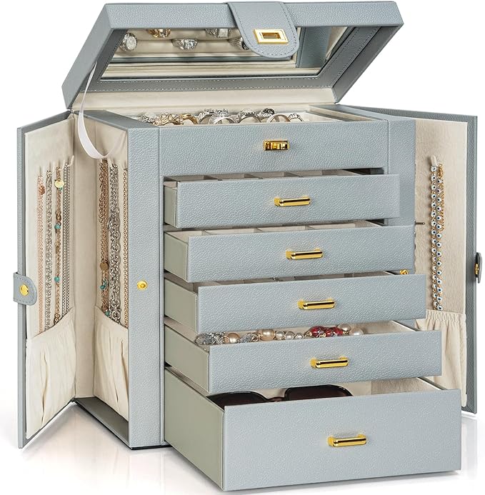 AKOZLIN Extra Large 6-Tier Jewelry Box Organizer Functional Huge, 5 Drawers Leather Jewelry Storage Case for Women Girls Ring Necklace Earring Bracelet Holder Organizer with Mirror Grey-CubbioJoy