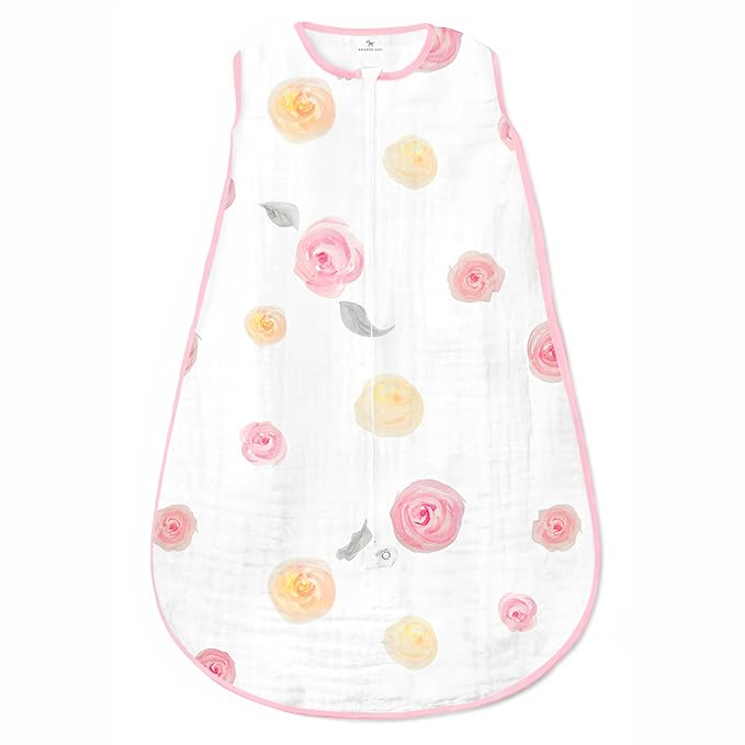 Amazing Baby Muslin Sleeping Sack, Watercolor Roses, Pink, Large, Wearable Blanket with 2-way Zipper (12-18 Months, fits up to 35 inches)-CubbioJoy