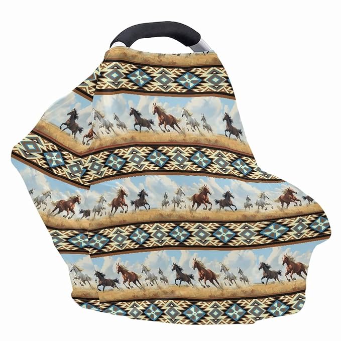 Binienty Car Seat Covers Canopy Cover for Babies, Western Aztec Horse Nursing Carseat Canopy Multifunction Breastfeeding Covers Fits Stroller, High Chair, Shopping Cart-CubbioJoy