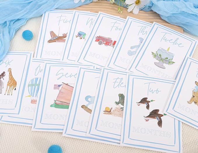 Boy Watercolor Milestone Cards - My First Monthly Milestone Cards,Blue Boy 12 Monthly Newborn Photos(Cards-1)-CubbioJoy