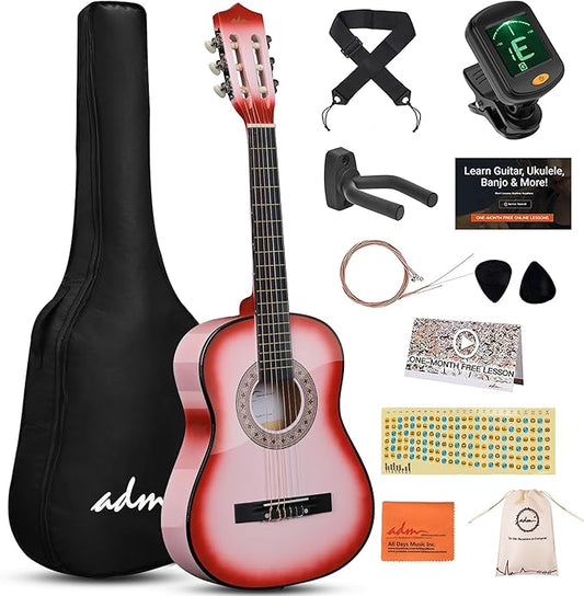 ADM Beginner Acoustic Classical Guitar 34 Inch Nylon Strings Wooden Guitar Bundle Kit for Kid Boy Girl Student Youth Guitarra Online Lessons with Gig Bag, Strap, Tuner, Strings, Picks, Pink-CubbioJoy