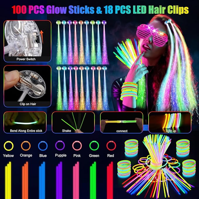 148 PCS Glow in the Dark Party Supplies, 16 Fiber Optic Wands, 14 LED Glasses, 100 Glow Sticks and 18 LED Hair Clips Fiber Optic for Neon Party, Wedding, Birthday, Concert, New Year-CubbioJoy