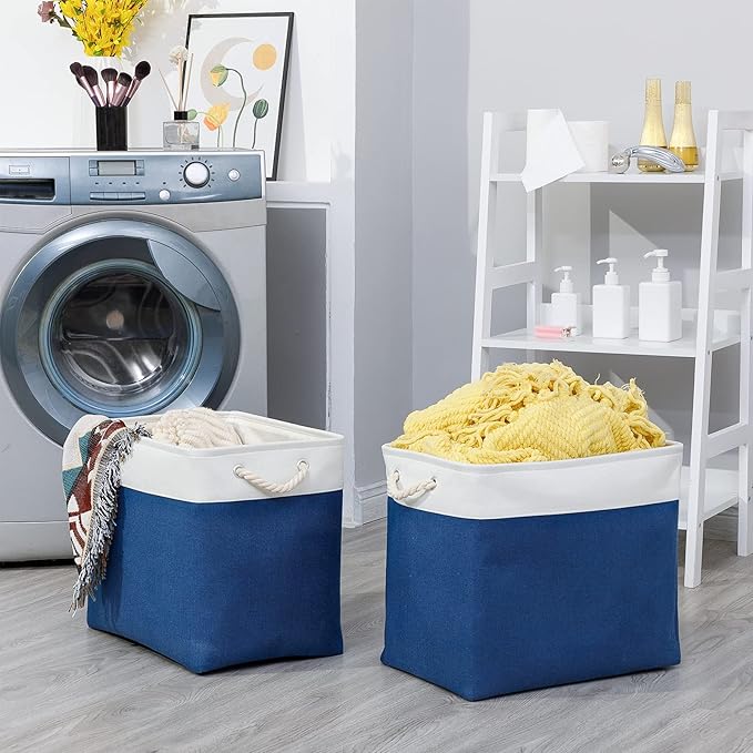 Bidtakay Large Canvas Organization Bins Set of 2 Navy Blue Rectangular Baskets 17x12x15 in for Blankets, Clothes, Towels, Dog Toys Storage-CubbioJoy