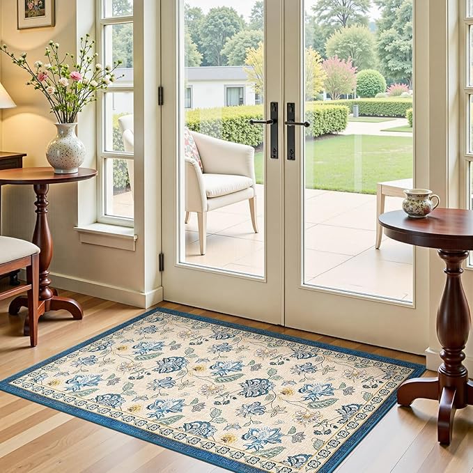 jinchan 3x5 Floral Rug for Entryway Washable Kitchen Rug Vintage Romance Design Small Mat Non Slip Indoor Doormat Lightweight Low-Profile Throw Carpet for Entrance Bathroom Laundry Room, Blue/Beige-CubbioJoy
