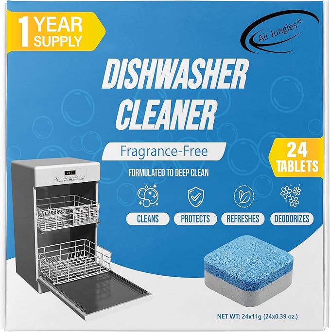 Air Jungles Dishwasher Cleaner Tablets 24 Count, Fragrance Free, Deep Cleaning Descaler Pods, Clean Dishwasher Machine, Remove Limescale, Hard Water, Calcium, Odor, 12 Month Supply-CubbioJoy