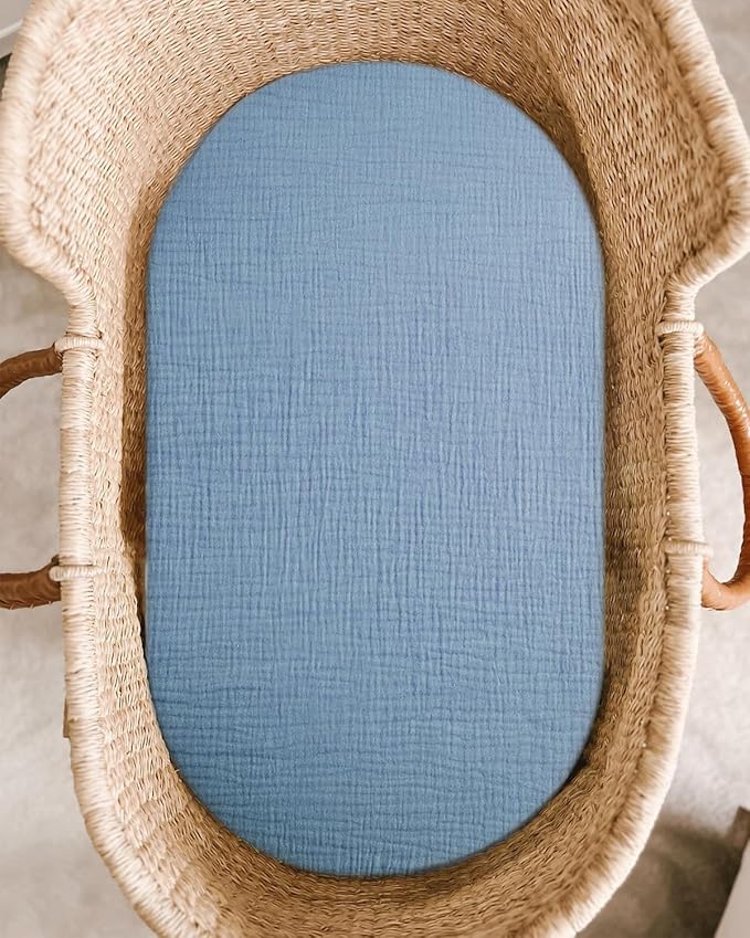 Bassinet Sheet for Baby Boy and Girl, Fitted Sheets for Rectangle, Oval, Hourglass Bassinet Mattress, Muslin Moses Basket Sheets with Neutral Style (Costume Blue)-CubbioJoy