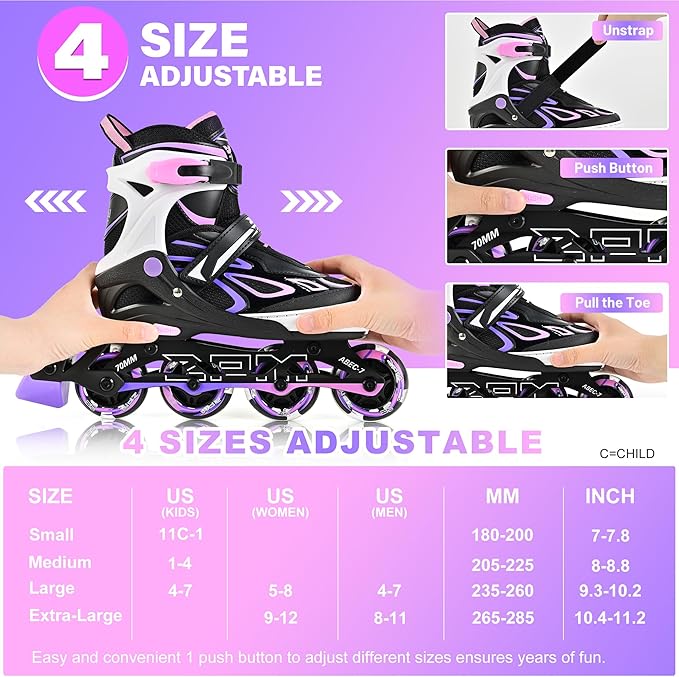 2PM SPORTS Vinal Girls Adjustable Flashing Inline Skates, All Wheels Light Up, Fun Illuminating Skates for Kids Men Adult Women and Boys-CubbioJoy