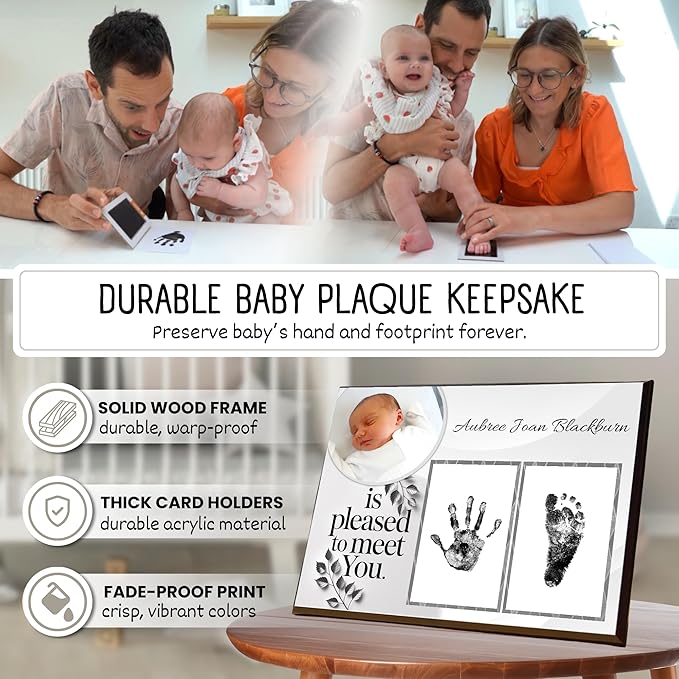 Baby Hand and Footprint Kit with Photo & Birth Details, Inkless Hand and Footprint Kit, Newborn Keepsake Plaque, Baby Shower Gifts (STYLE 1 (Fully Personalized) (Is Pleased To Meet You))-CubbioJoy