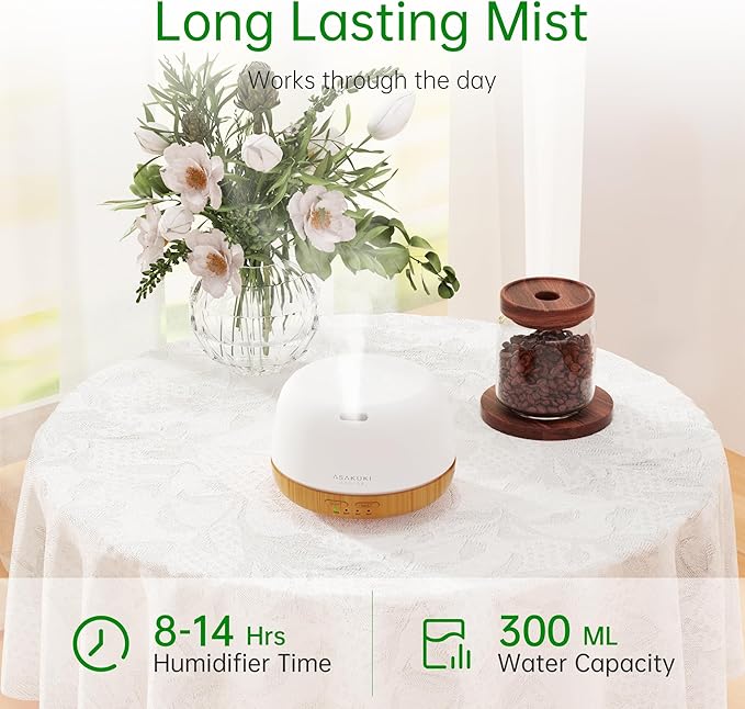 ASAKUKI Essential Oil Diffuser, 300ml Ultrasonic Aromatherapy Oil Humidifier with 7 Colors Lights 2 Mist Mode for Home-CubbioJoy