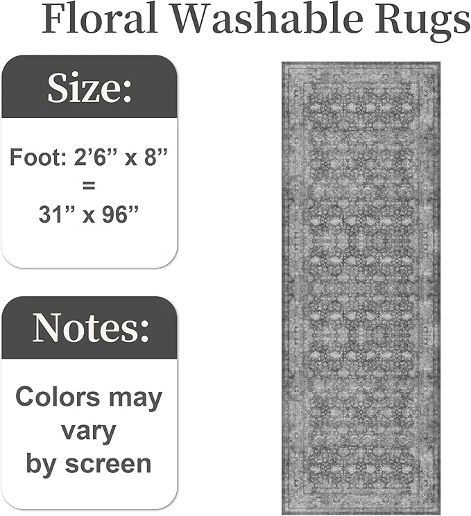 2'6"x8' Washable Runner Rug for Hallway, Non Slip Vintage Floral Long Carpet Runners for Entryway, Kitchen, Bathroom, Bedroom, Low Pile Laundry Rugs with Rubber Backing (Distressed Grey)-CubbioJoy