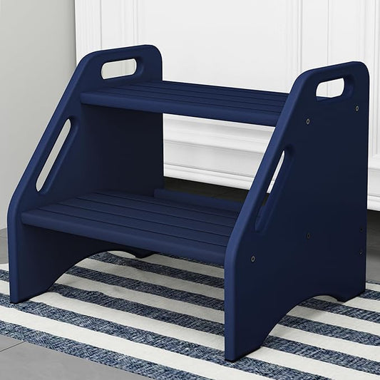 AMBIRD Wooden Step Stool, Two Step Stools Toddler 300 lbs Capacity with Safety Non-Slip Pads and Handles, Bamboo Step Stool for Bathroom, Kitchen Dual Height Step Stools for Kids (Navy Blue)-CubbioJoy